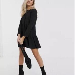 Zara Tiered Ruffle Long Sleeve Mini‎ Dress in Black Size Extra Small